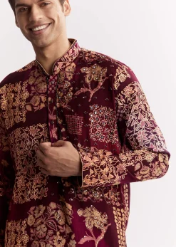 Wine Chanderi Kurta Set With Stone Sequins And Cutdana Work