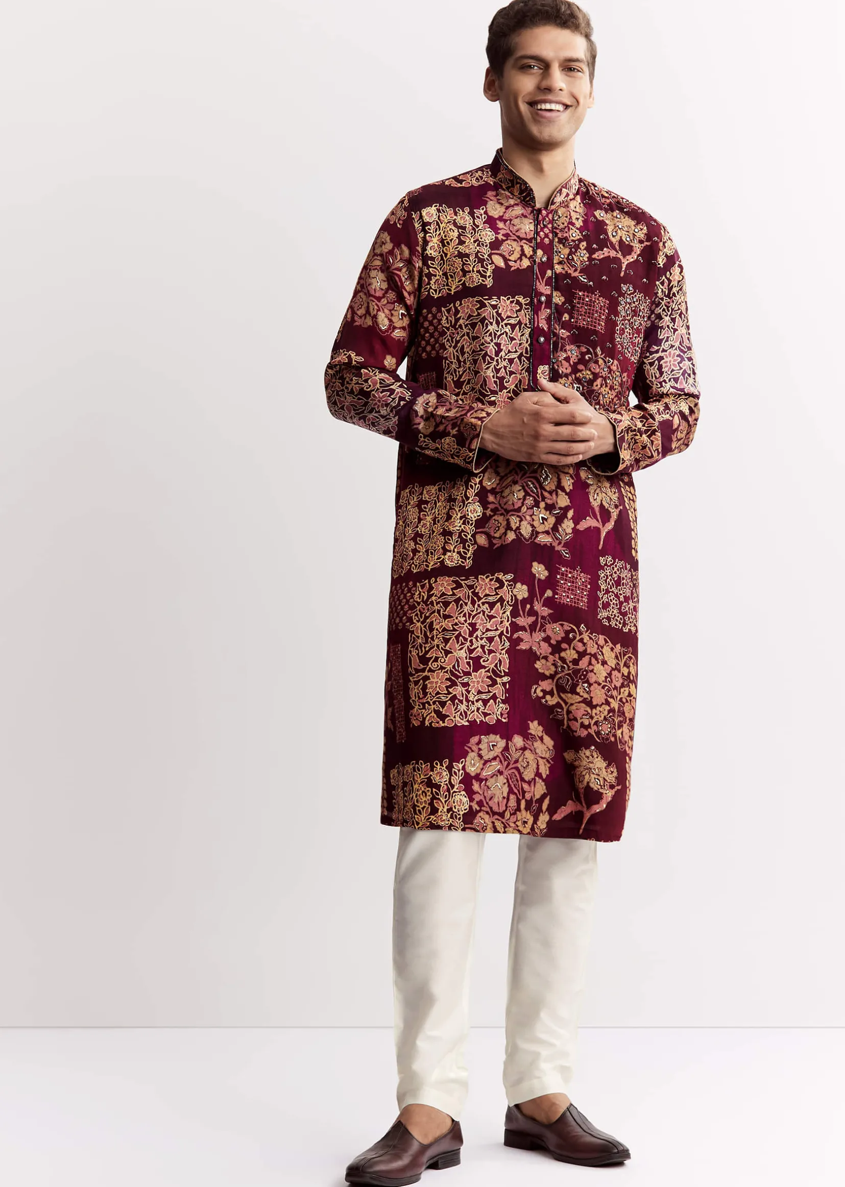 Wine Chanderi Kurta Set With Stone Sequins And Cutdana Work