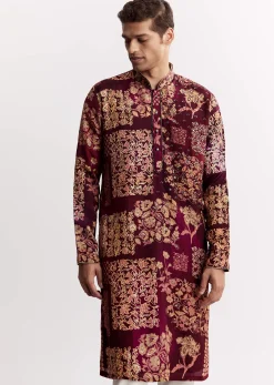 Wine Chanderi Kurta Set With Stone Sequins And Cutdana Work