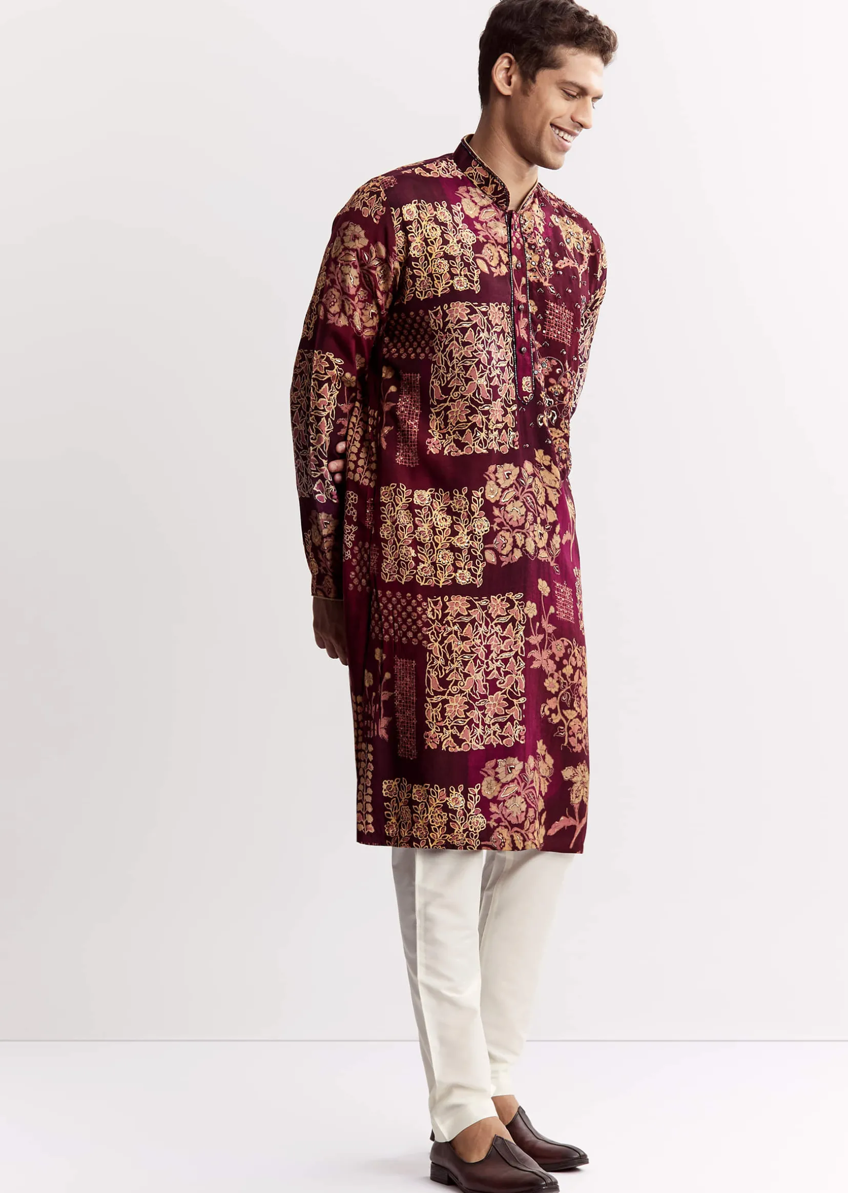 Wine Chanderi Kurta Set With Stone Sequins And Cutdana Work