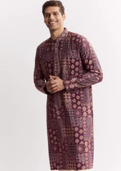 Wine Chanderi Printed Kurta Jacket Set With Stone Sequins And Cutdana