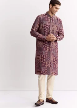 Wine Chanderi Printed Kurta Jacket Set With Stone Sequins And Cutdana