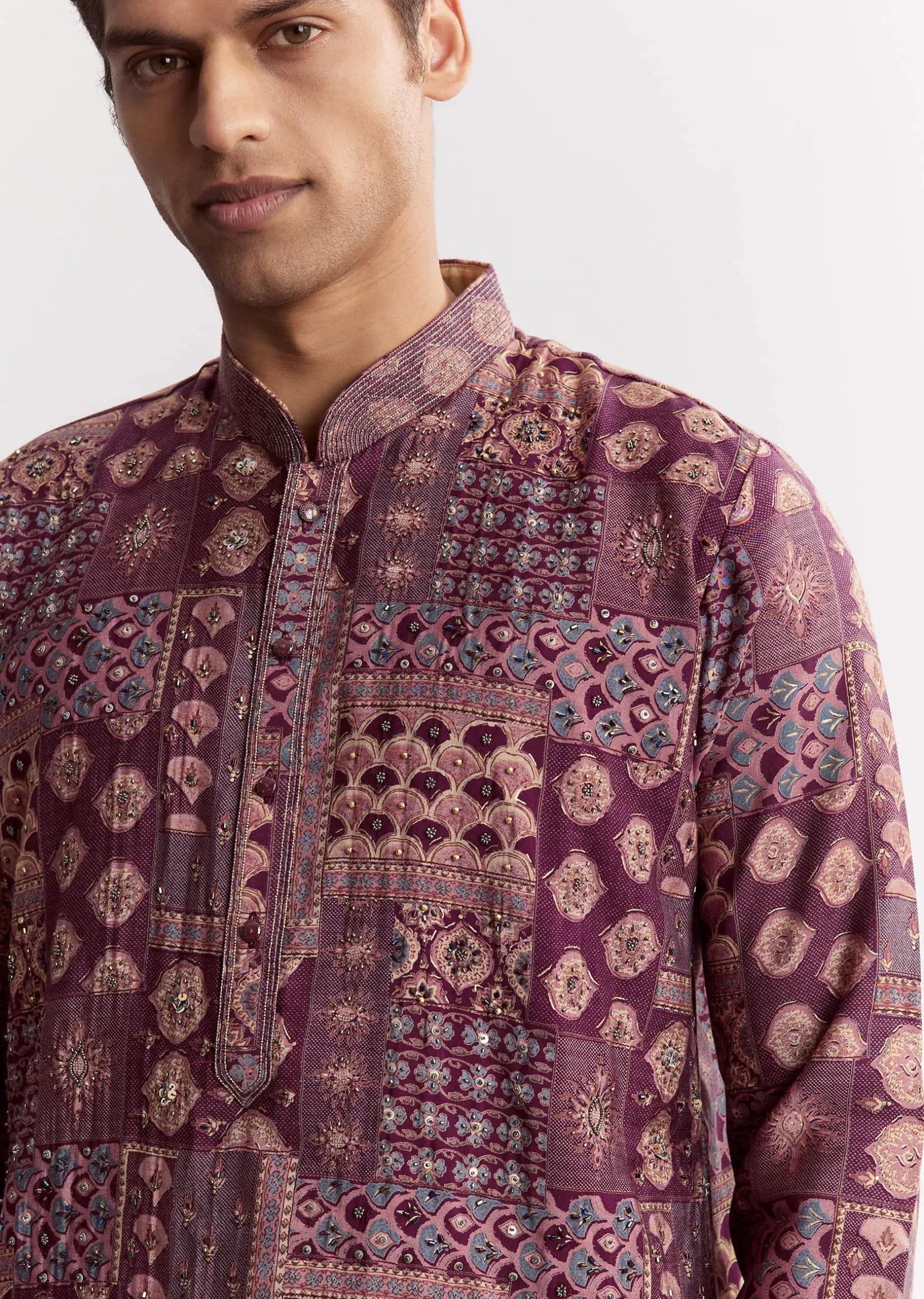 Wine Chanderi Printed Kurta Jacket Set With Stone Sequins And Cutdana