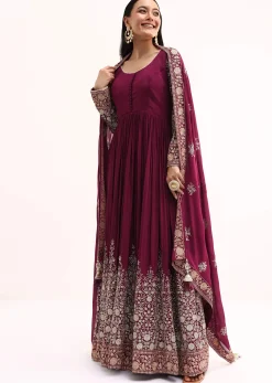 Wine Chinon Anarkali Suit With Zari Work