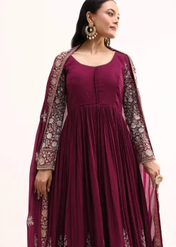 Wine Chinon Anarkali Suit With Zari Work