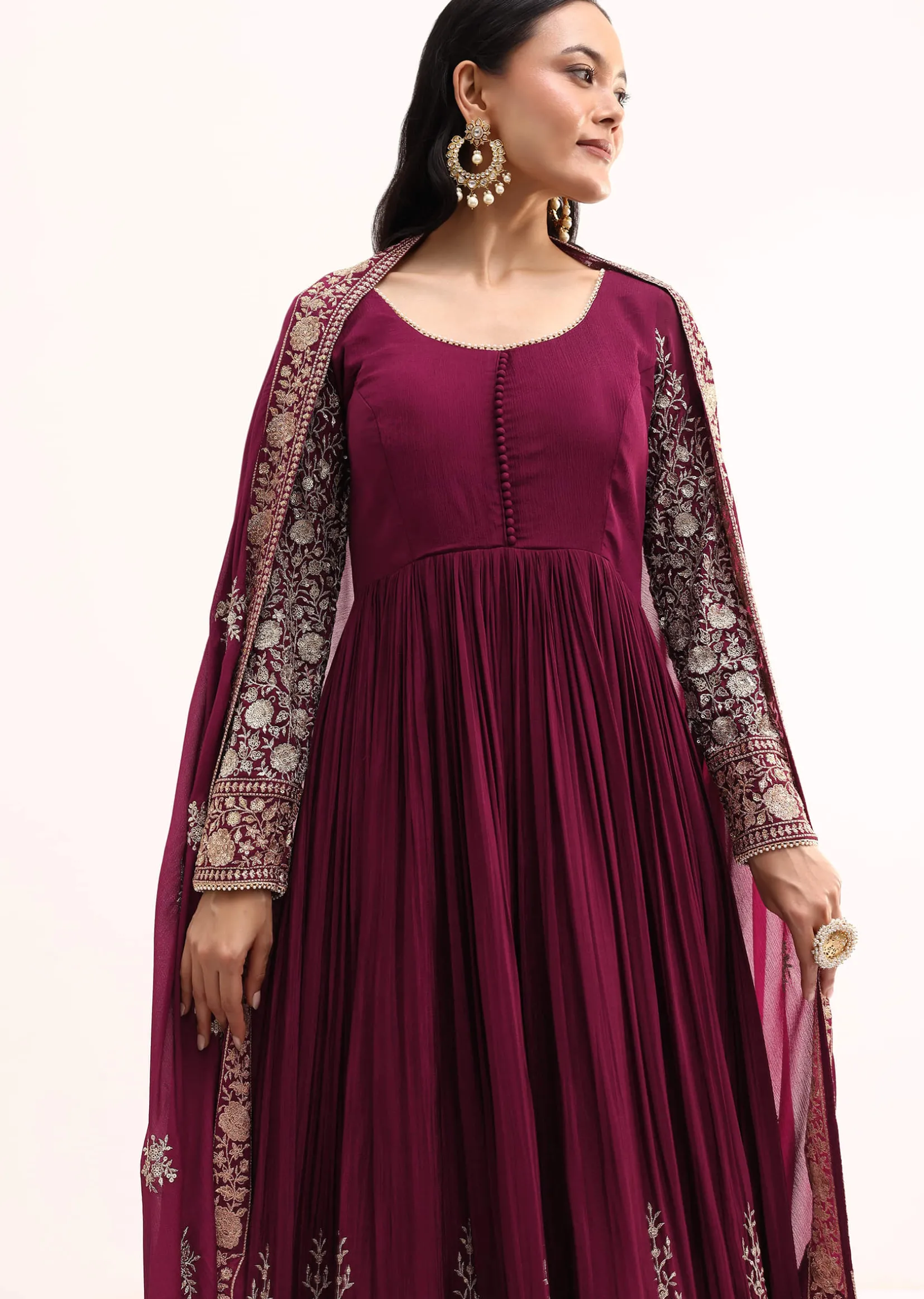 Wine Chinon Anarkali Suit With Zari Work