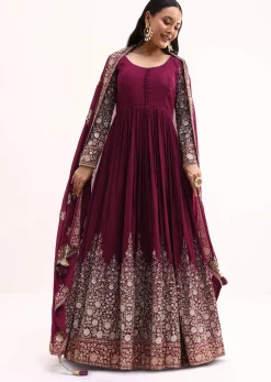 Wine Chinon Anarkali Suit With Zari Work