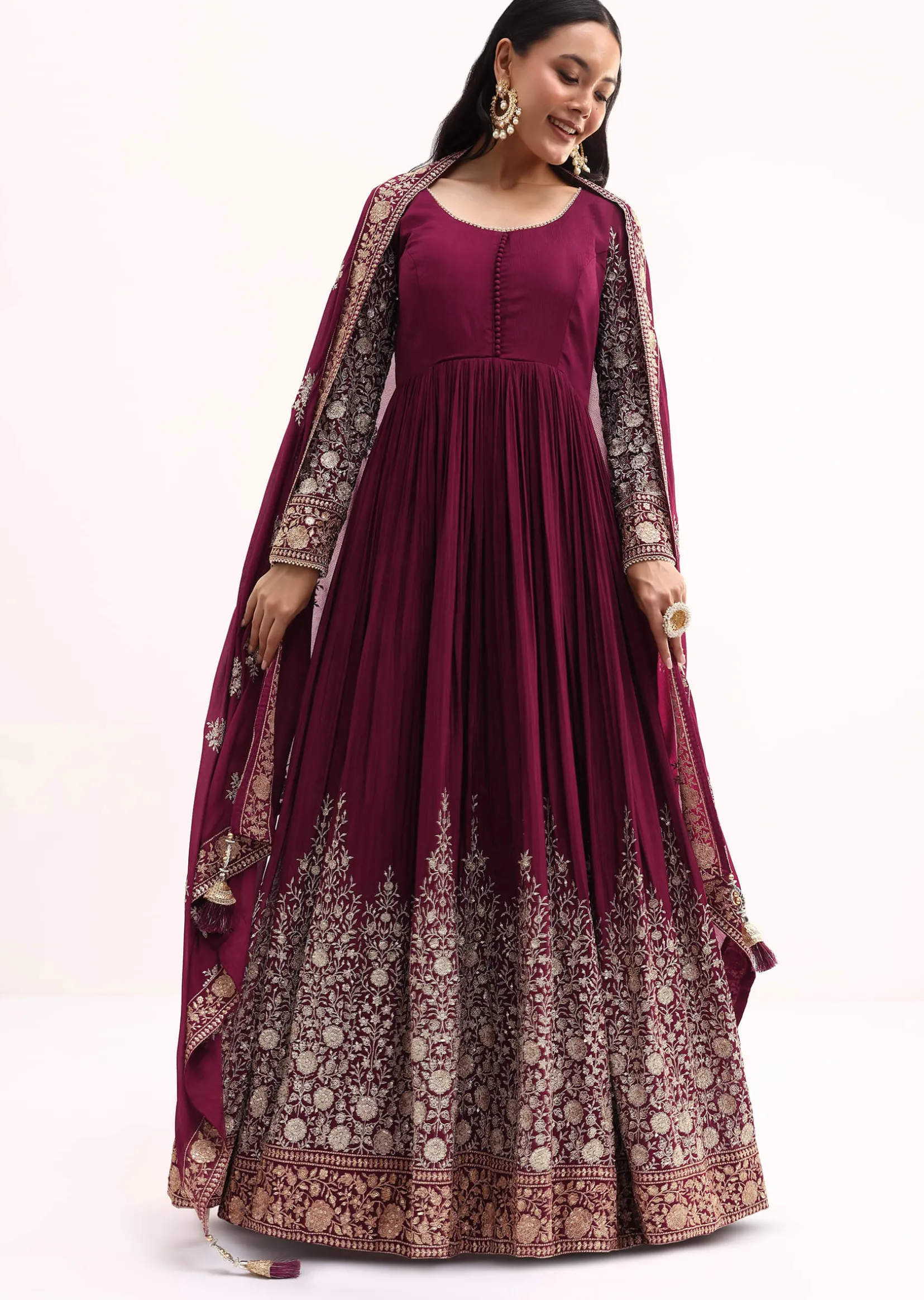 Wine Chinon Anarkali Suit With Zari Work