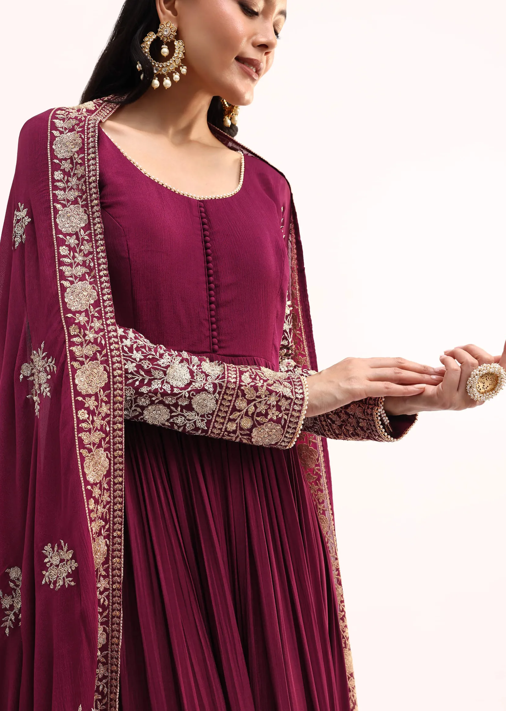 Wine Chinon Anarkali Suit With Zari Work