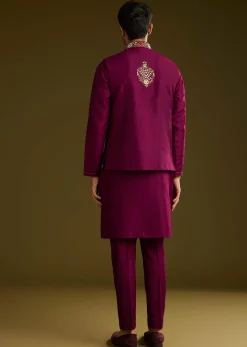 Wine Cotton Silk Kurta Set With Embroidered Lapel Jacket
