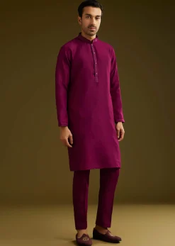 Wine Cotton Silk Kurta Set With Embroidered Lapel Jacket
