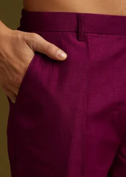 Wine Cotton Silk Kurta Set With Embroidered Lapel Jacket