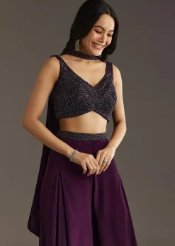 Wine Crepe Crop Top With Embroidered Palazzo And Choker Dupatta