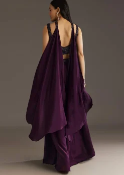 Wine Crepe Crop Top With Embroidered Palazzo And Choker Dupatta