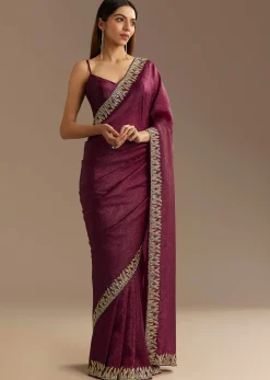 Wine Crushed Tissue Saree With Cutdana And Stone Embroidery