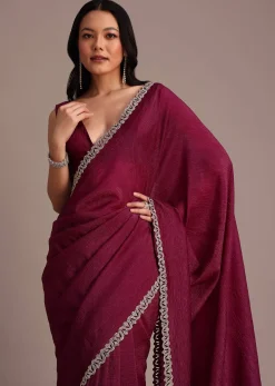 Wine Crushed Tissue Saree With Stone Embellished Border