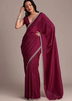 Wine Crushed Tissue Saree With Stone Embellished Border
