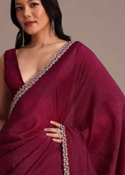 Wine Crushed Tissue Saree With Stone Embellished Border