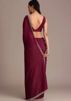 Wine Crushed Tissue Saree With Stone Embellished Border
