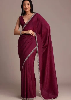 Wine Crushed Tissue Saree With Stone Embellished Border