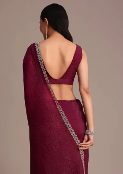 Wine Crushed Tissue Saree With Stone Embellished Border