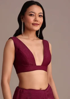 Wine Crushed Tissue Saree With Stone Embellished Border