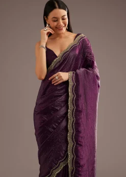 Wine Crushed Tissue Silk Cutdana Scallop Bordered Saree