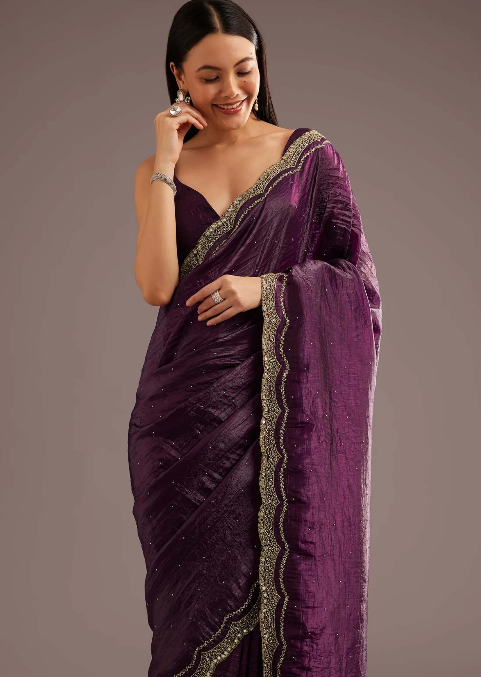 Wine Crushed Tissue Silk Cutdana Scallop Bordered Saree