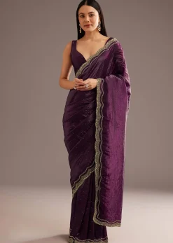 Wine Crushed Tissue Silk Cutdana Scallop Bordered Saree