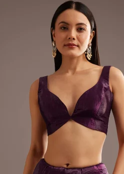 Wine Crushed Tissue Silk Cutdana Scallop Bordered Saree