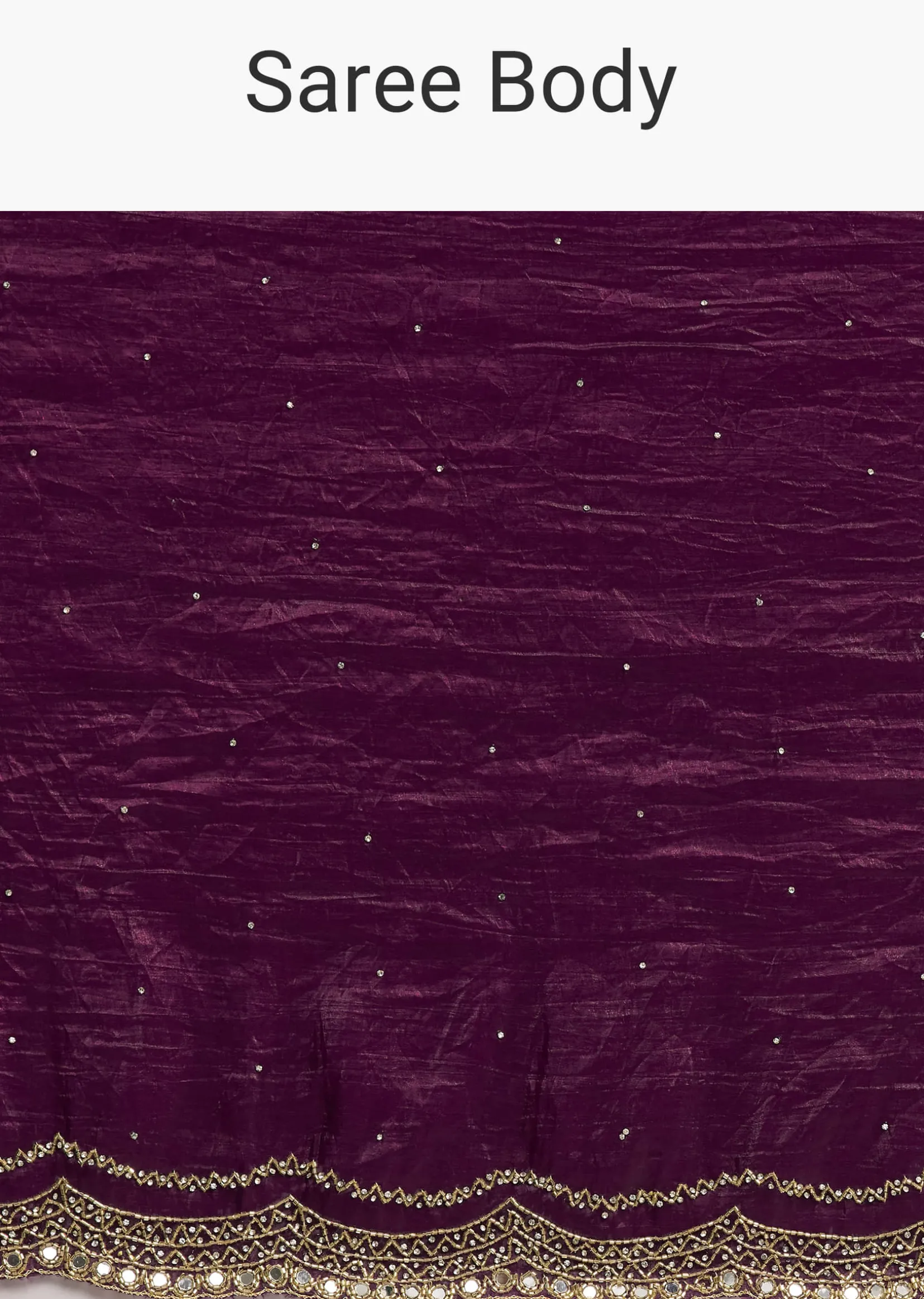 Wine Crushed Tissue Silk Cutdana Scallop Bordered Saree