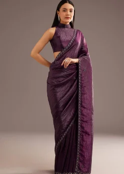 Wine Crushed Tissue Silk Saree With Cutdana Scallop Border