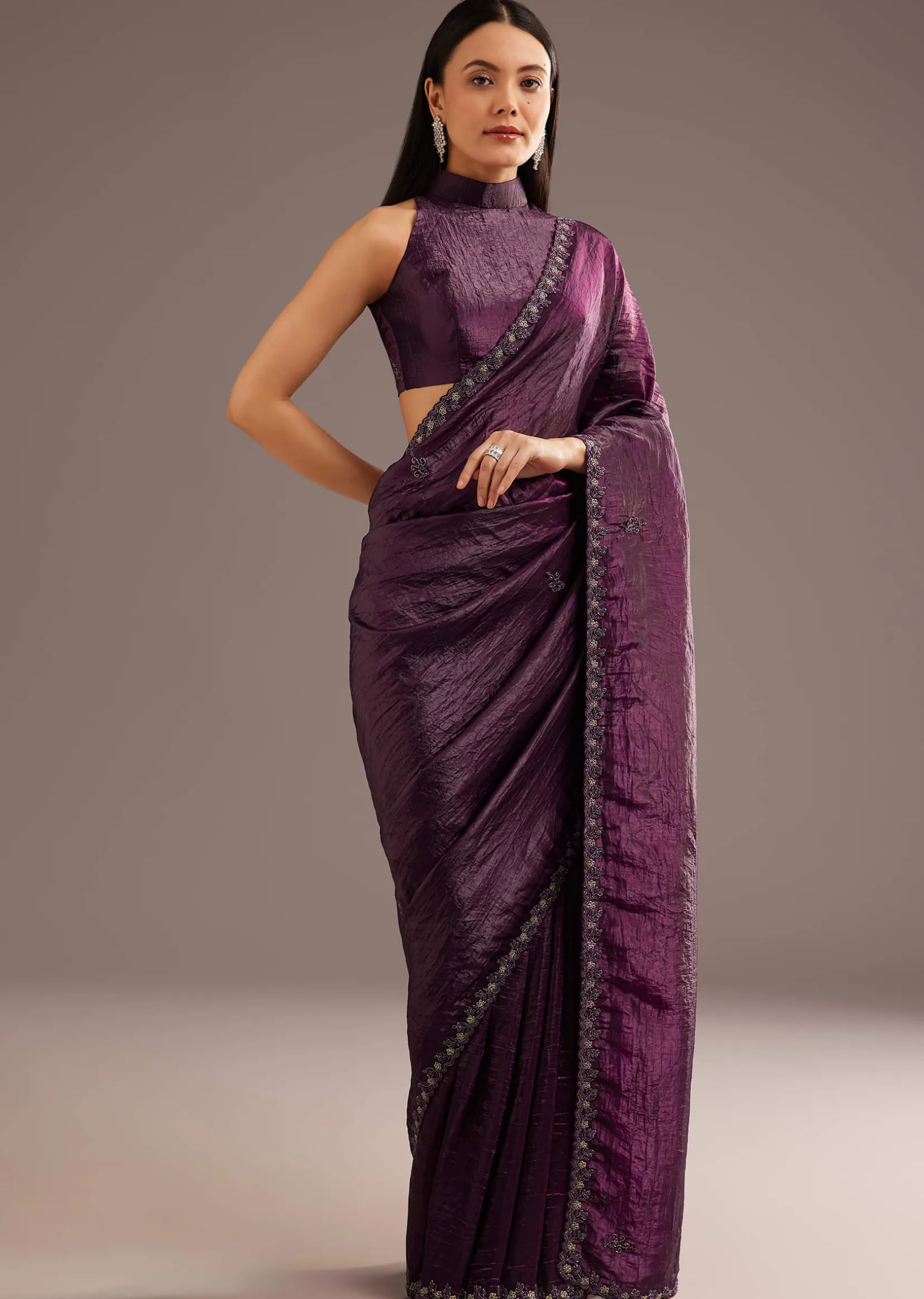 Wine Crushed Tissue Silk Saree With Cutdana Scallop Border