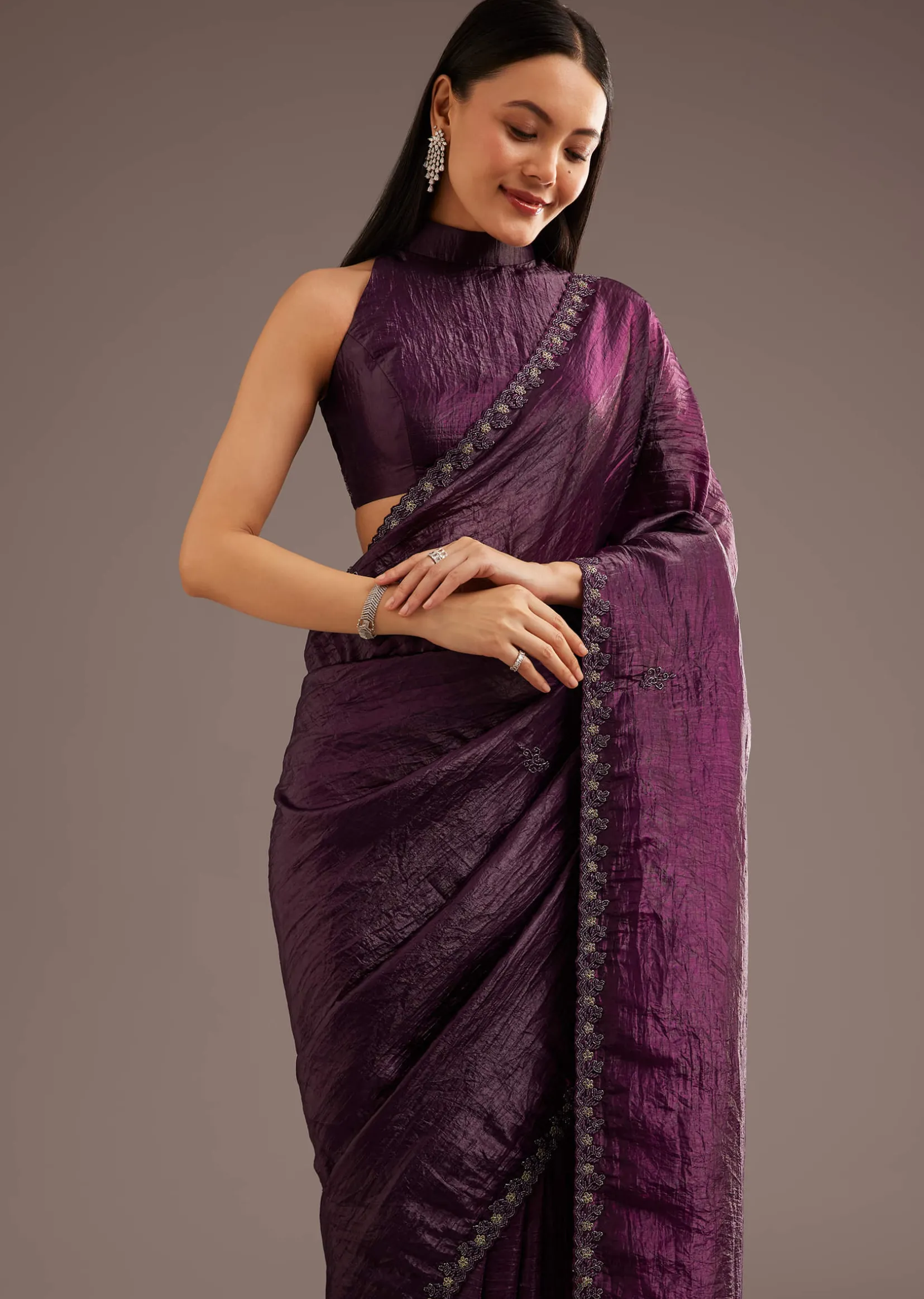 Wine Crushed Tissue Silk Saree With Cutdana Scallop Border