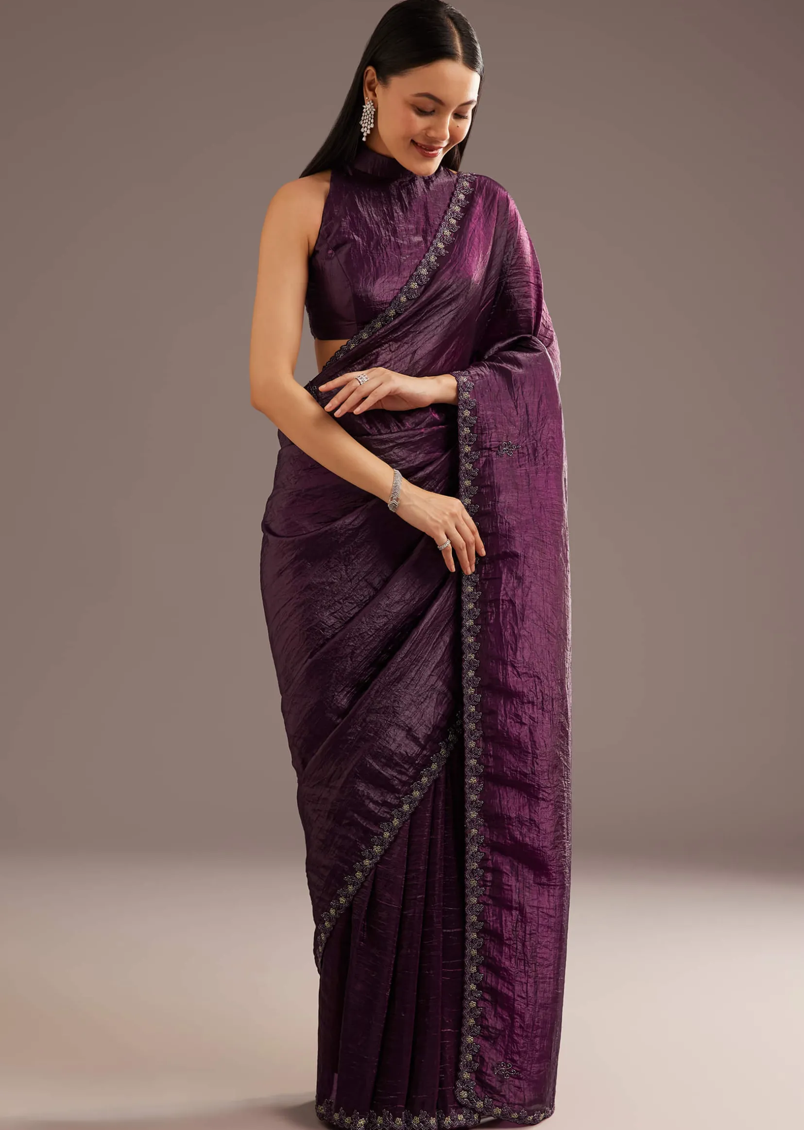 Wine Crushed Tissue Silk Saree With Cutdana Scallop Border