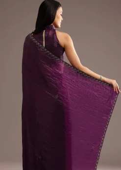 Wine Crushed Tissue Silk Saree With Cutdana Scallop Border