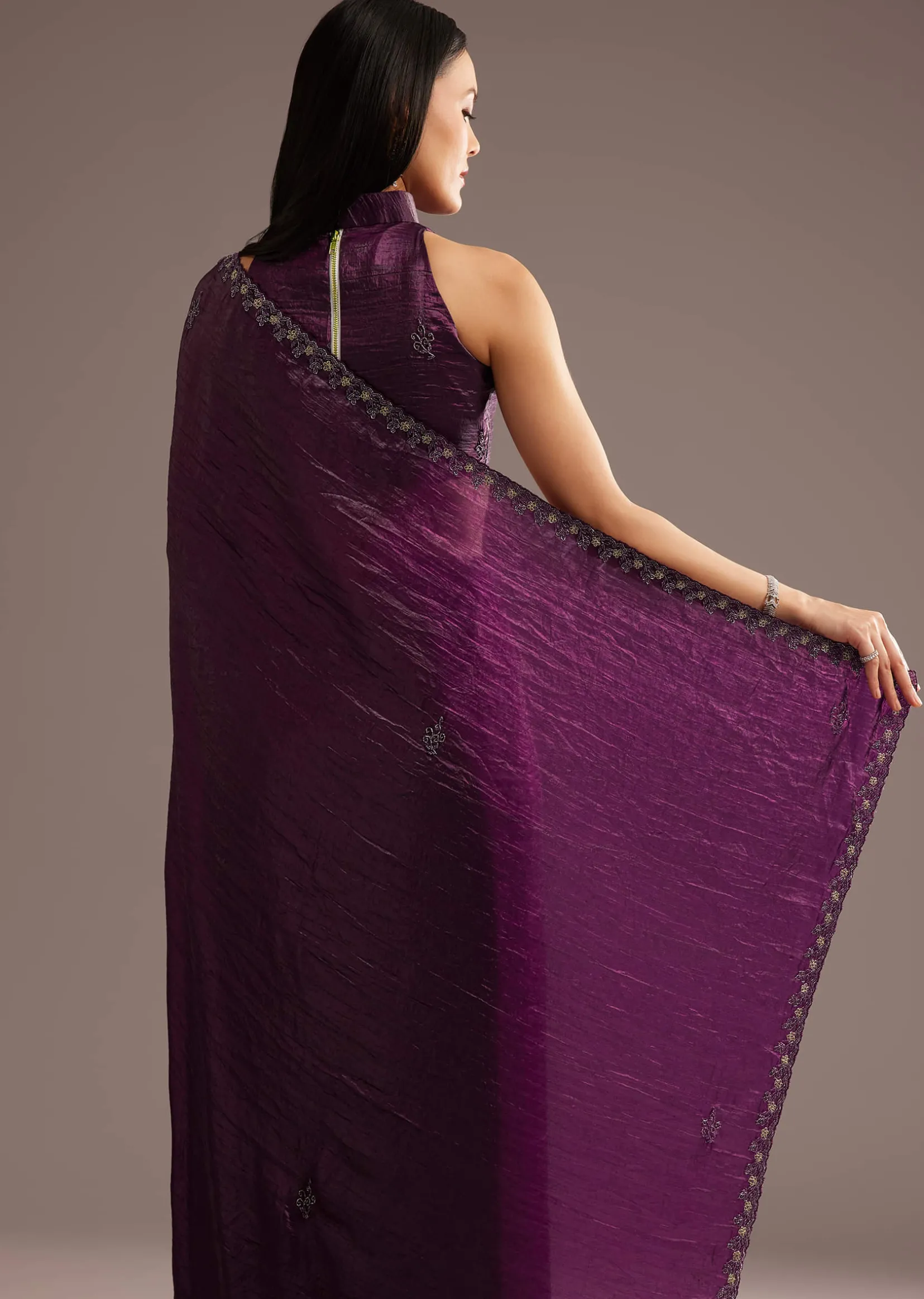 Wine Crushed Tissue Silk Saree With Cutdana Scallop Border