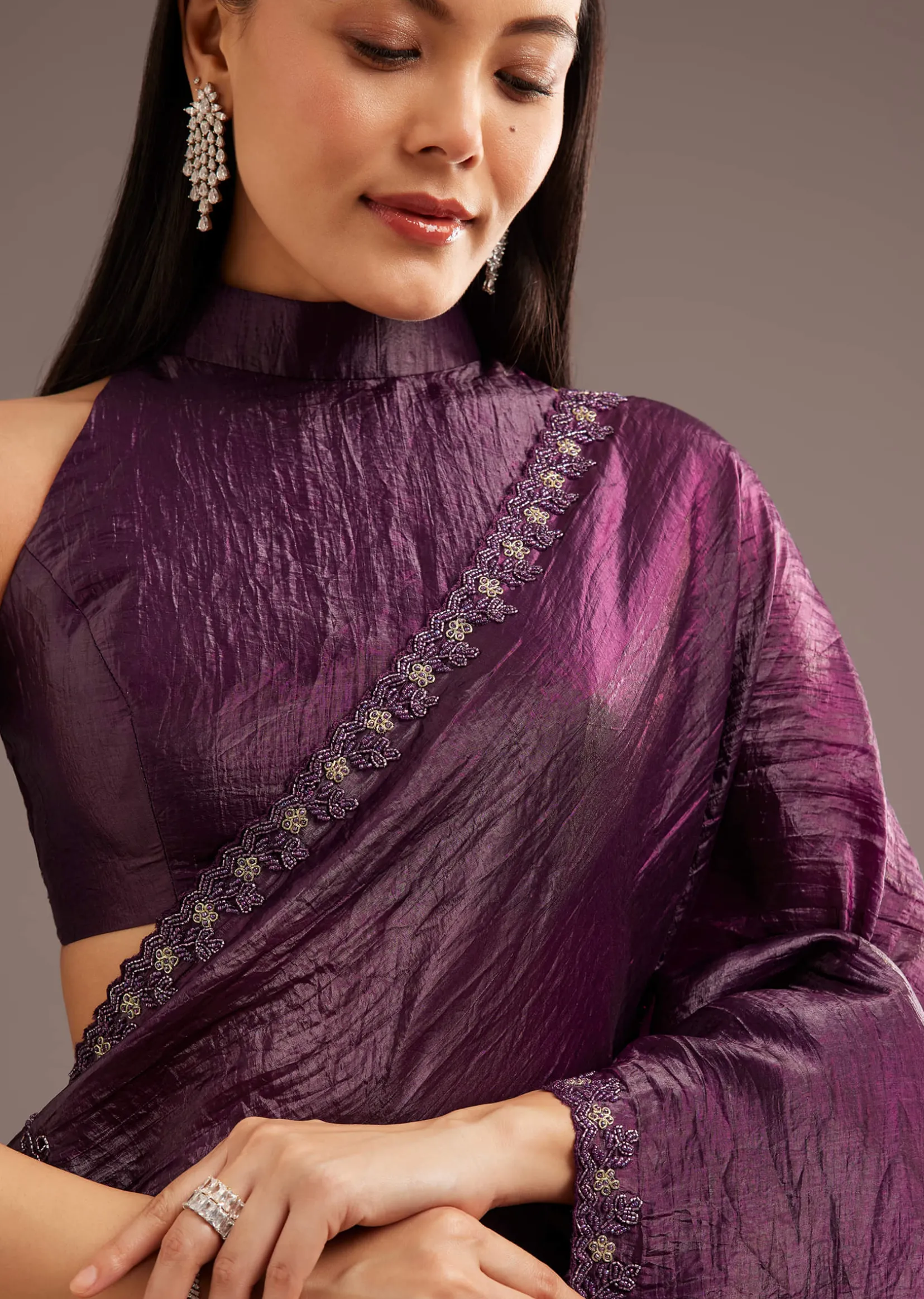 Wine Crushed Tissue Silk Saree With Cutdana Scallop Border