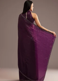 Wine Crushed Tissue Silk Saree With Cutdana Scallop Border