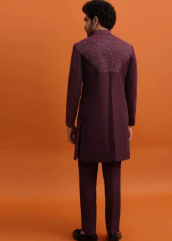 Wine Cutdana Embroidered Sherwani For Men