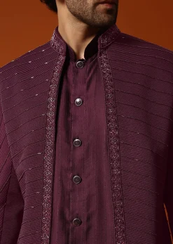 Wine Cutdana Embroidered Sherwani Set For Men