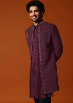 Wine Cutdana Embroidered Sherwani Set For Men