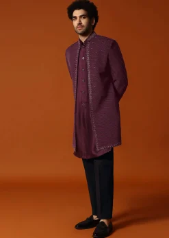 Wine Cutdana Embroidered Sherwani Set For Men
