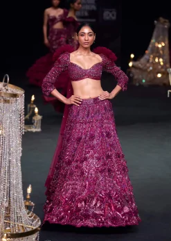 Wine 3D Floral Organza Lehenga With Ruffle Blouse