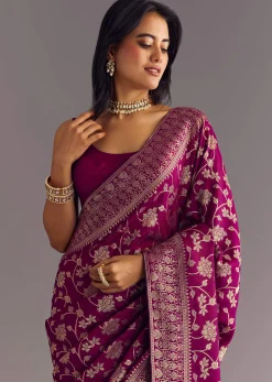 Wine Dola Silk Saree With Zari Jaal And Border Work