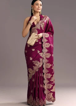 Wine Dola Silk Woven Motif Saree With Scallop Border