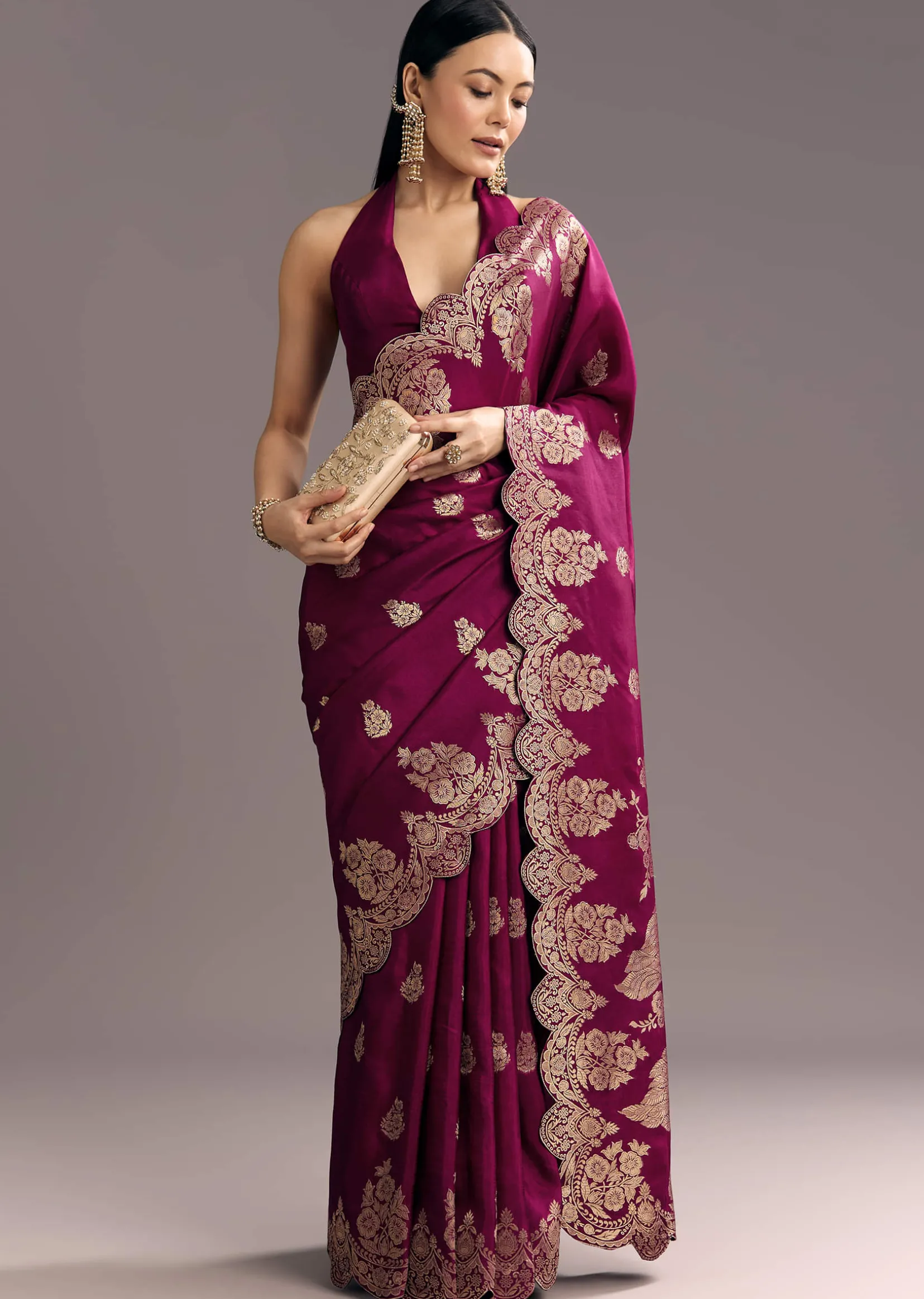Wine Dola Silk Woven Motif Saree With Scallop Border