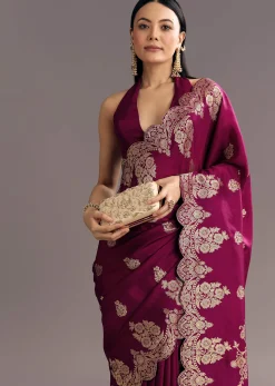 Wine Dola Silk Woven Motif Saree With Scallop Border
