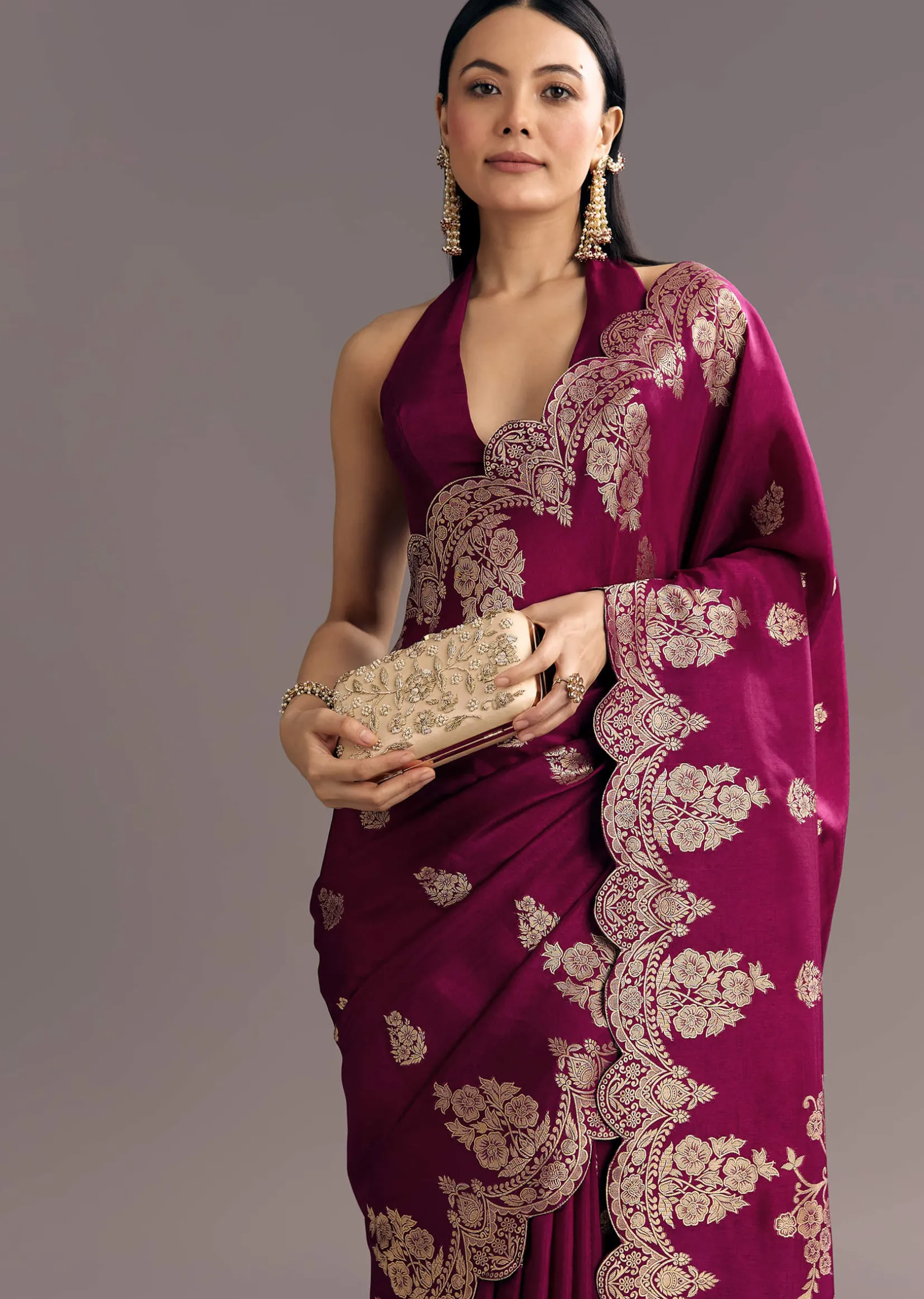 Wine Dola Silk Woven Motif Saree With Scallop Border