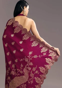 Wine Dola Silk Woven Motif Saree With Scallop Border